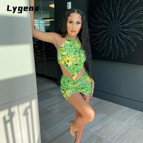 Lygens 2021 Summer Women Tie Dye Print 2 Pieces Irregular Halter Tanks Drawstring Ruched Mini Skirt Set Streetwear Party Club