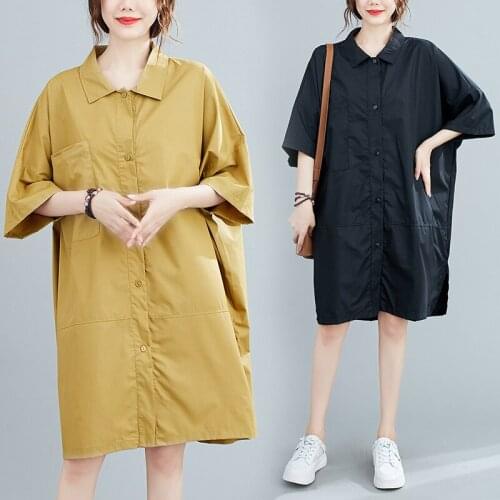 Short Sleeve Plus Size Cotton Vintage Dresses For Women Casual Loose Midi Shirt Summer Dress Elegant Clothes 2021 Sundress