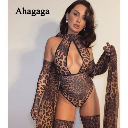 Ahagaga Leopard Women Bodysuit with Gloves O-Neck Hollow Out Jumpsuit Skinny High Waist Backless Women Rompers Female Blusas