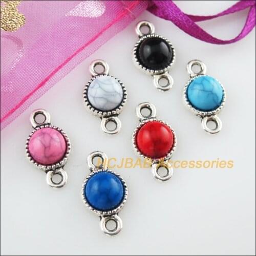 24 New Round Mixed Charms Connectors Stone Tibetan Silver Pendant 10x18.5mm