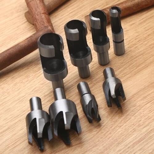 8Pcs High Carbon Steel Straight and Tapered Head Wood Plug Hole Cutter Drill Bits Set Dowel Maker Cutting Tools 10mm Round Shank