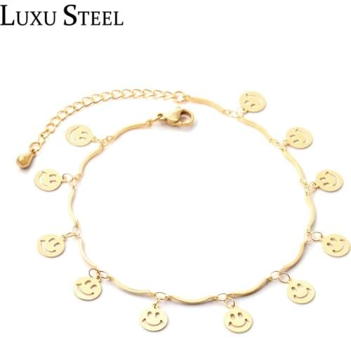 LUXUSTEEL Anklets For Women Cute Style Smile Face Stainless Steel Chain Anklets Female Accessories Birthday Gift Wholesale