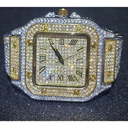 Hip Hop MISSFOX Ruman Numbers Men Watch Luxury Iced Out Waterproof Diamond Steel Gold Watch for Men AAA Santos Quartz Wristwatch