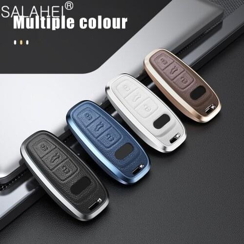 Aluminum Alloy+Leather Car Remote Key Case Cover Keychain Ring Protection Shell For Audi A6 A7 A8 E-tron C8 Q8 2018 2019 2020