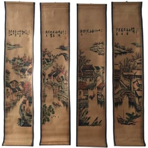 Four-couplet fresco landscape painting figures jiangnan landscape painting living room decoration hanging painting simulation of