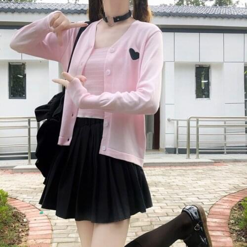 Preppy Style Cardigan Sweater Women V-Neck Long Sleeve Pink Black Knitted Tops 2020 Autumn Sweet Cute Love Ladies Knit Sweaters