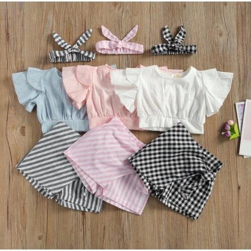 Summer Kid Chidren Girls Stripe Suit Round Neck Short Pagoda Sleeve Tops Stripe Skirt Like Shorts Hairband Childrens Sets