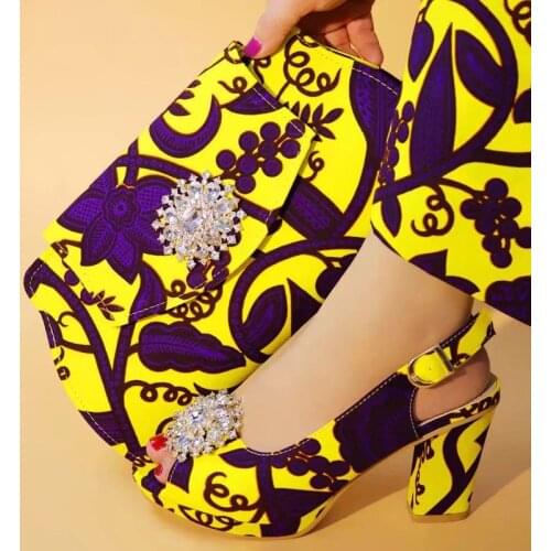 Hot sale yellow women dress shoes with crystal style african purple printed wax pattern pumps match handbag set V242-1,heel 7CM