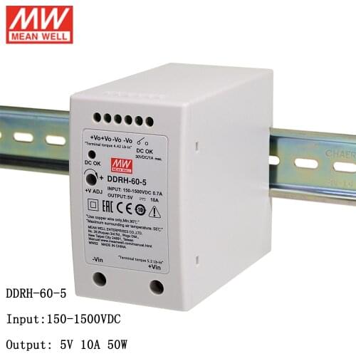 Meanwell DDRH-60-5 DIN Rail DC-DC Converter 150-1500V DC to 5V DC 10A 50W MEAN WELL Wide input Power Supply Transformer