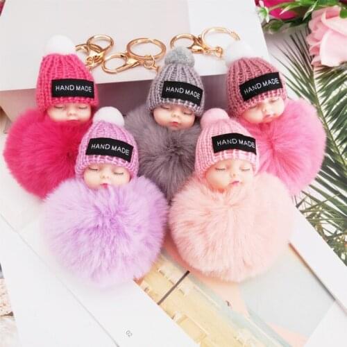Cute Car Key Ring DIY Keychain Girl Ornament Hair Ball Pendant Colorful Plush/Metal Buckle Sleeping Baby Doll Universal Keychain