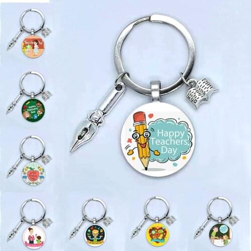 Fashion New Dear Teacher Round Glass Keychain Handmade DIY Book Pen Decoration Pendant Keychain TeacherS Day Gift Souvenir