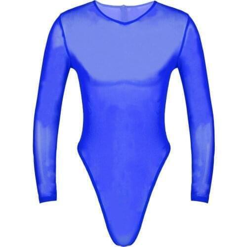 Mens Long Sleeve High Cut Thongs Leotard Jumpsuit Catsuit Sleepwear Stretch Transparent See-Through Mesh Sexy Bodysuit Nightwear