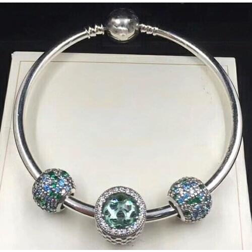 NEW 100% 925 Sterling Silver 791261MCZMX OCEAN MOSAIC PAVE BALL CHARM Radiant Hearts Charm Glacier-Blue Crystals Bracelet Set