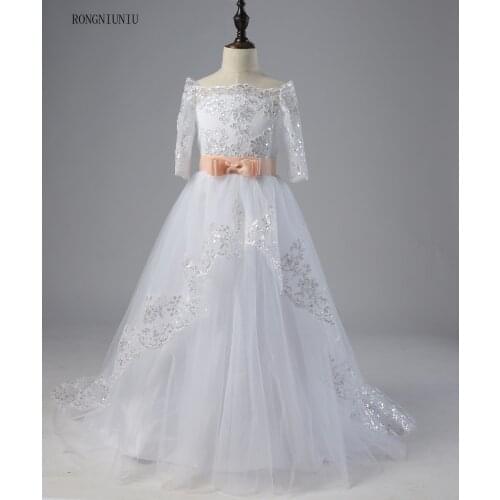 Flower Girl Dresses 2017 Lace Up Pinke Belt Ball Gown Floor Length Long Sleeve Long Train Girl Dress For Weddings