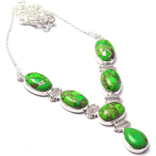 Genuine Green Copper Turquoise Necklace 925 Sterling Silver, 44 cm, MHBNE0168