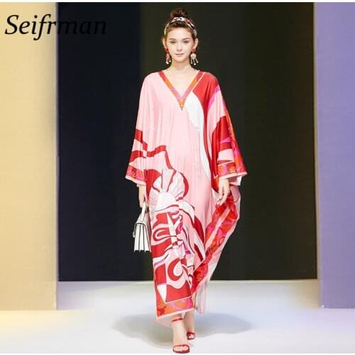 Seifrmann Women Summer Fashion Designer Maxi Dress Colorblock Print Batwing Sleeve Loose Ladies Party A-Line Long Dresses 2021