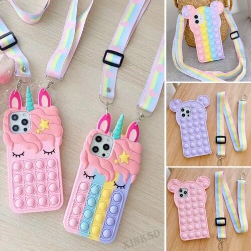 Reliver Stress Fidget Toys Rainbow Silicone Case with Lanyard Phone Case For Iphone 6 6s 7 8 Plus X XR XS 12 11 Pro Max SE 2020