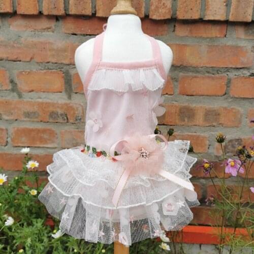 Pet Dog Dress Pink/Green Lace Puppy Clothes Three Dimensional Flowers Bowknot Princess Sling Tutu Dress For Small Dogs Chihuahua