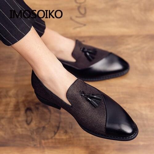 IMOSOIKO Color Matching Mens Leather Shoes Charming Blue Tassels Italian Mens Casual Dress Shoes Loafers Large Size 48