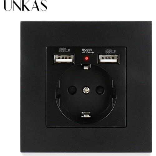 UNKAS Russia Spain EU Standard Wall Socket Dual USB Charge Port Simple PC Plastic Panel Black White Grey Outlet
