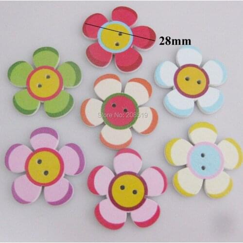 WBNKVG 28mm Floral shape Sewing Printing Wooden Buttons Mix 100 Pieces DIY Decorative Craft Botoes