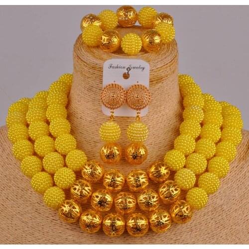 Yellow african wedding beads simulated pearl costume necklace nigerian jewelry set FZZ92