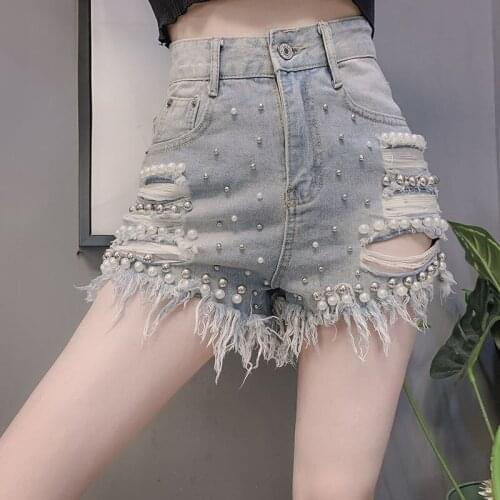Women 2020 Summer Denim Ripped Shorts Female Casual Vintage Jeans Shorts Pearl Beads Ladies Destroyed Short Jean Feminino Y110