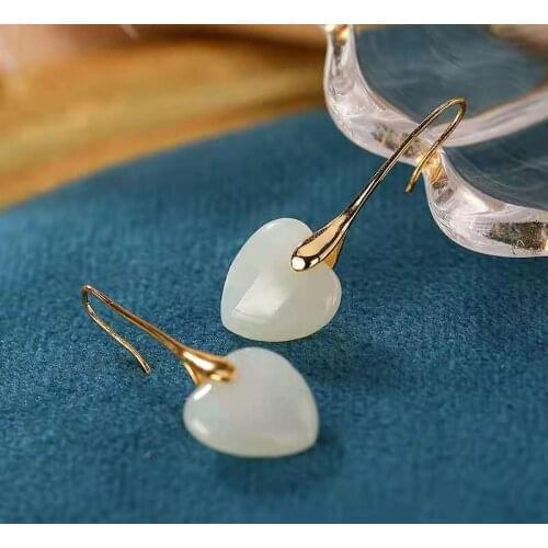 S925 Sterling Silver Nephrite Lady Simple Style Heart-shaped Earrings Fine Restoring Ancient Ways Weddings Jewelry MeiBaPJFS