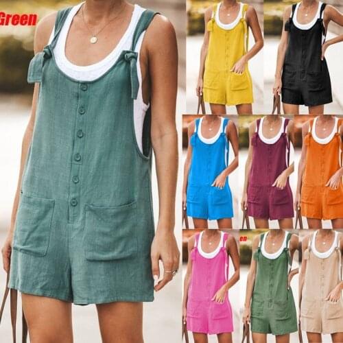 2021 Summer European And American WomenS New Solid Color Round Neck Button Loose Short Jumpsuit