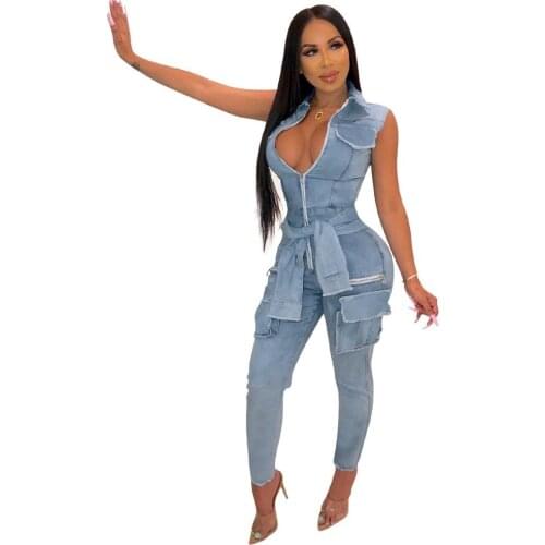 Adogirl Women Vintage Denim Jumpsuit Zipper Up Fake Sleeve High Waist Skinny Jumpsuit With Sashes One Piece Set Jean Bodysuit