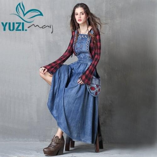 Women Dress 2017 Yuzi.may Boho New Denim Vestidos Flower Embroidery A-Line Back Zipper Swing Hem Overall Maxi Dresses A82038