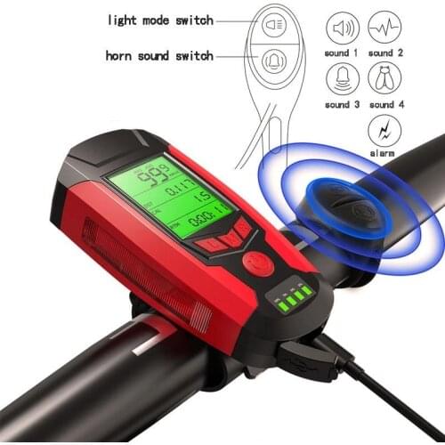 3 in 1 USB Bike Front Light 5 LED Bicycle Computer Horn Bicycle Flashlight IPX4 Waterproof Odometer Computer Speedometer