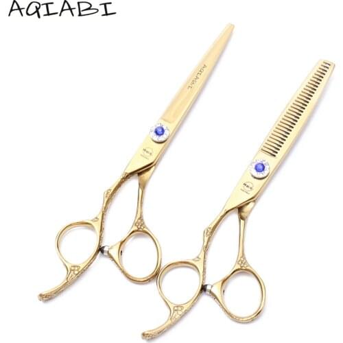 A8002 5.5'' Left Hand 440C AQIABI Golden Salon Hair Scissors Hairdressers Scissors Cutting Shears Thinning Scissors Barber Shop