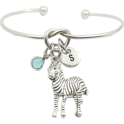 Zebra Animal Retro Creative Initial Letter Monogram Birthstone Adjustable Bracelet Fashion Jewelry Women Gift Pendant