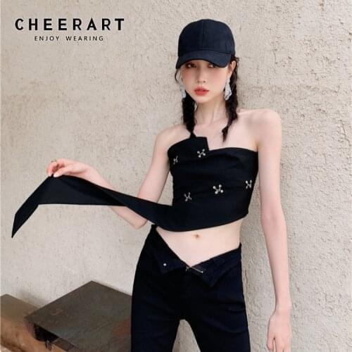 CHEERART Bustiers Corsets Strapless Crop Top Women 2021 Detachable Hasp Designer Asymmetrical Top Summer Backless Trendy Top