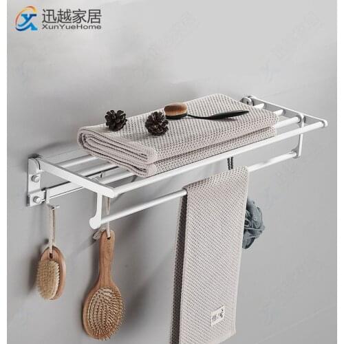Towel Holder Punch Free Shower Rack Bathroom Accessories Fold Wall Organizer Hook Hanger Matte Silver Aluminum Storage Shelf