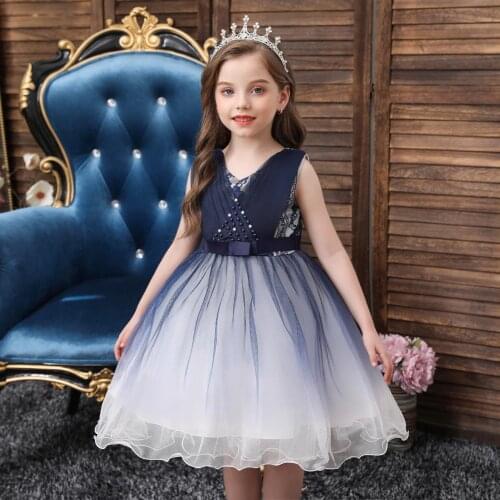 Beauty-Emily V Neck Beads Flower Girls Dress Gradient Color Tulle Kids Skirt Girl Dress Party Gown Childrens clothing