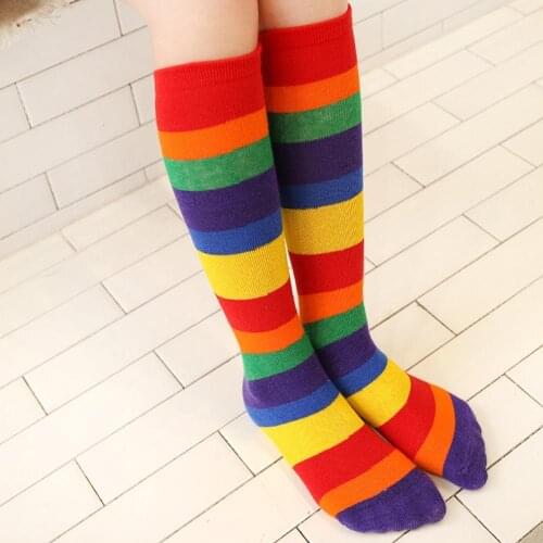Baby Girl Breathable Skin-Friendly Tube Socks Rainbow Color Stripe Kids Girl Boy Autumn Elastic Knee High Socks Stockings