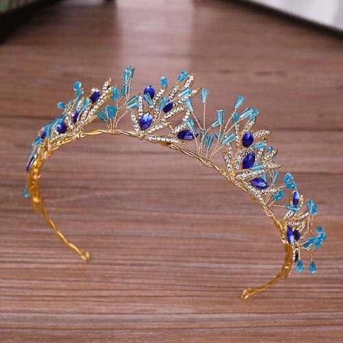 Blue Rhinestone Crown Hair Accessories For Wedding/Engagement Gold Color Leaf Tiara Headdress Crown Bride Hair Jewelry ML