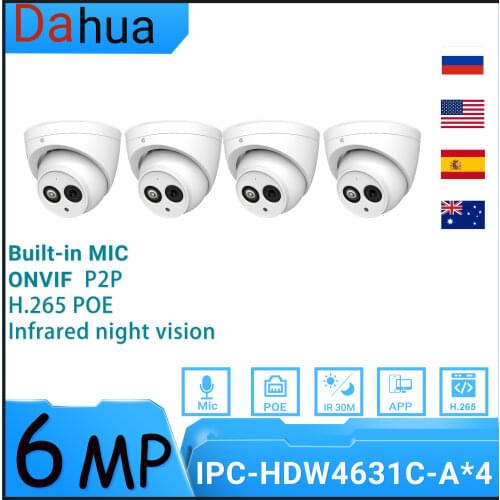 Dahua IP Camera HDW4631C-A 4PCS 6MP Mini Turret CCTV Camera Built-in MIC SD Card Slot POE Security Outdoor Video Surveilliance