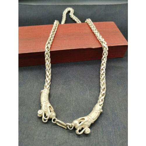 China old Tibet silver carving chain double dragon necklace