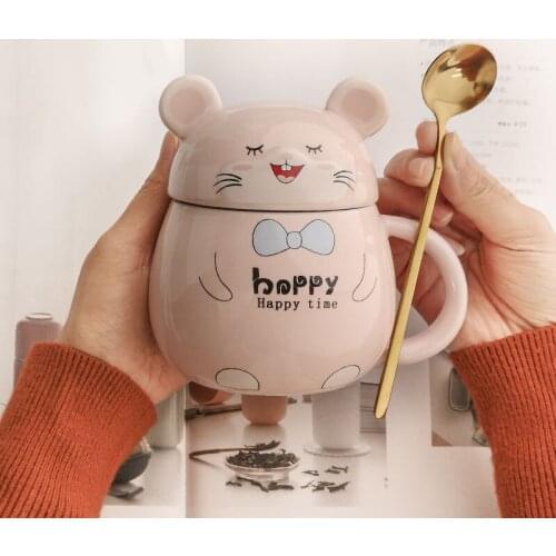 New cartoon cute little mouse shape ceramic coffee mug with lid spoon for household water cups to give friends personalized gift