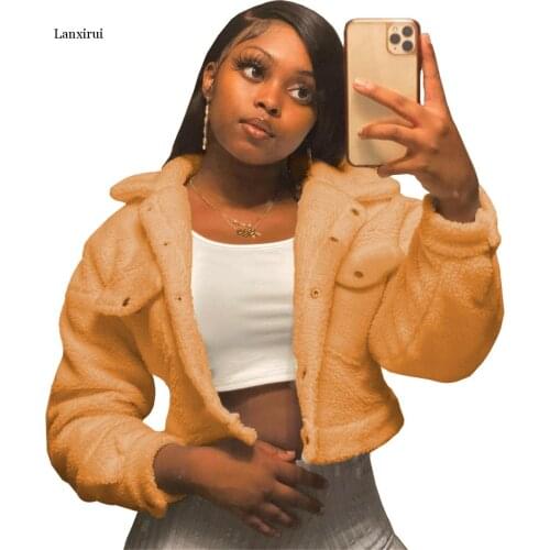 Winter Fashion Casual Women Cropped Wool Jackets Turn Down Collar Long Sleeve Outerwear Streetwear Buttons bubble Coats