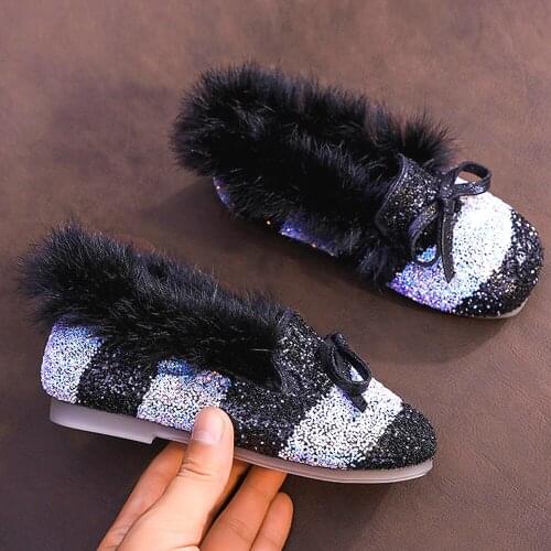 Toddlers Slip-on Loafers Sparkly Sequin Girls Shoes with Fur Kids Birthday Party Winter Flats Shoes Rainbow Halloween Christmas