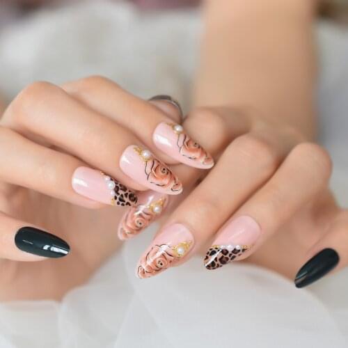 Fashion Rose Flower Leopard Print French Almond Coffin Press on False Nail Gems Stilettos Ballet Fake Nails Tips for Women Girl