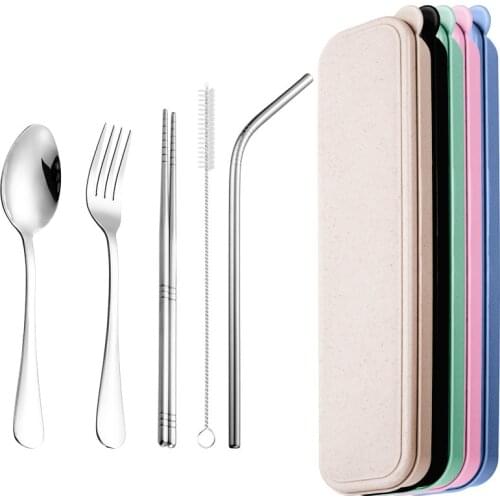 Lightweight Portable Pure Titanium 5PCS Tableware Sets Spoon Fork Knife Chopsticks Straw Set In One Case Outdoor Camping Home