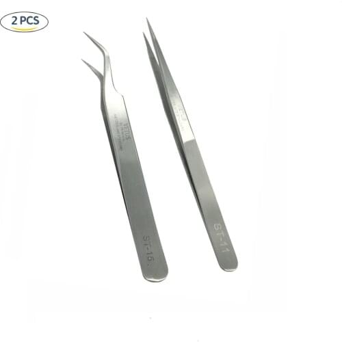 New high quality 2pcs/Set ST-11 + ST-15 Stainless Steel Precision Tweezers Set Eyelash Extensions