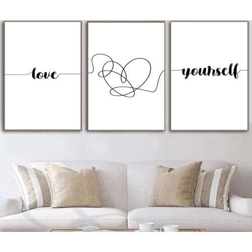 Nordic Back White Yourself With Heart Wall Art Canvas Poster Minimalist Print LOVE Quotes Painting Picture for Living Room Decor