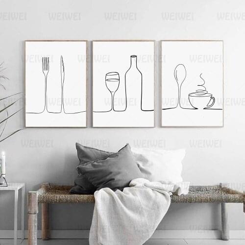 Nordic Style Printed Line Coffee Red Wine Knife and Fork Wall Art Canvas Painting for Kitchen Poster Aesthetic Room Decor Pictur