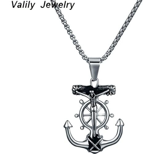 Valily Anchor Necklaces & Pendants For Men 316L Stainless Steel Silver Rudder Necklace Jewelry Collier Jesus Necklaces